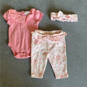 Daisy Fuentes Pink Lace Baby Top, Floral Pants and Hair Bow